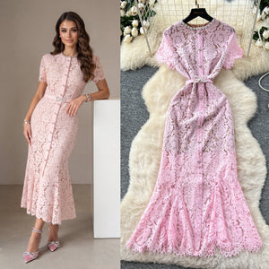 Accessible luxury celebrity heavy industry diamond round neck short sleeve lacedress women's classy silmslimming look mermaid dress long skirt