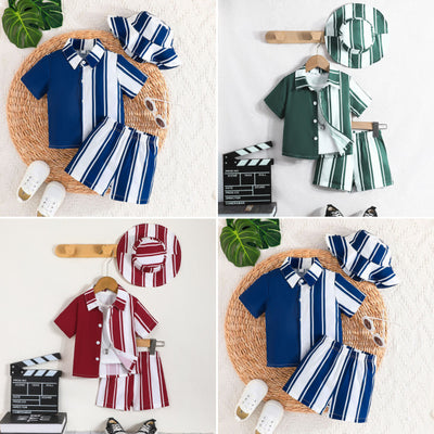 New summer collection: baby & toddler boy's striped color block top + shorts + hat three-piece set - european & american style, cross-border kids' outfit