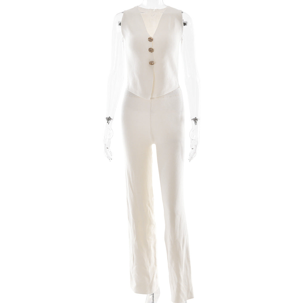European and American  new hot-selling women's knitted suit, sexy sleeveless cardigan sweater, straight high-waisted trousers suit