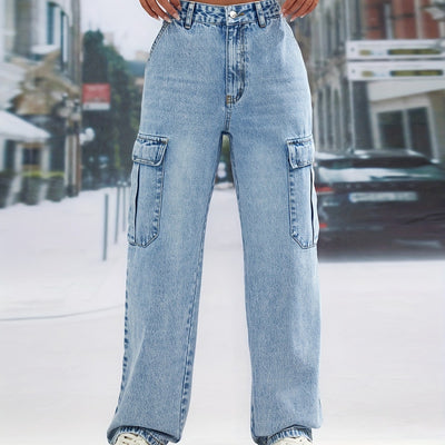 Pre-sale-35722# cross-border women's fashion european and american ins large pocket high waist casual straight-leg denim pants