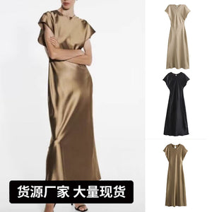 summer new european and american style satin dress, sleeveless satin midi dress, solid color v-neck midi dress