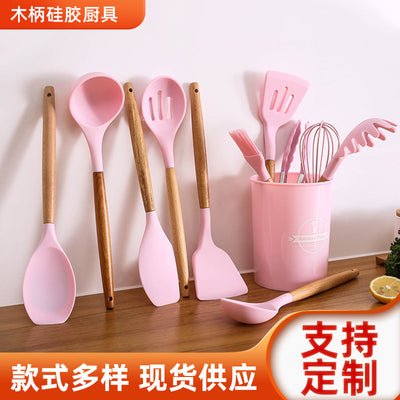 in stock wooden handle silicone 12-piece suitfor home kitchenware non-stick cooking spatula spoon baking kitchenware