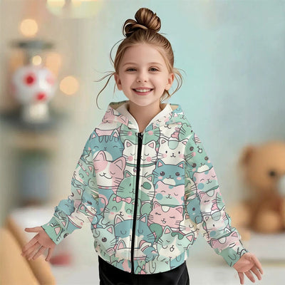 Kids' hoodie jacket, cross-border hot seller: cute cartoon print fashion zip-up hoodie for girls, dropshipping available