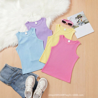 Summer candy color knitted ribbed tank top - slim fit crew neck sleeveless women's inner layering top - multiple colors wholesale