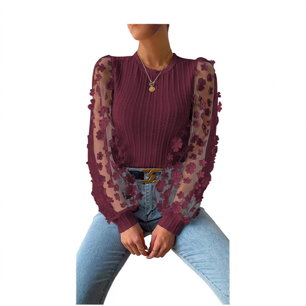 European and American  women's clothing, mesh floral chiffon shirt women's 2024 spring and summer round neck thin pullover long-sleeved top