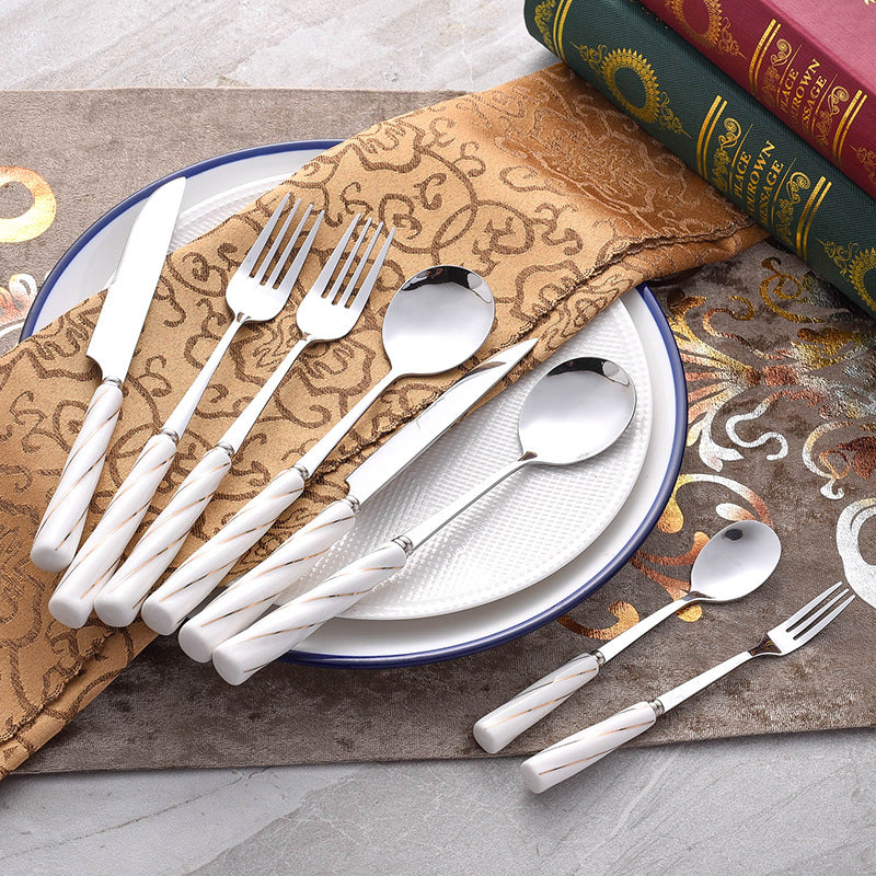 western stainless steel tableware knife, fork and spoon gift box stainless steel spoon threaded ceramic gift tableware wholesale