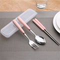 Simple handle anti-scald ceramic travel cutlery set - stainless steel fork, spoon, and chopsticks three-piece student portable utensil set