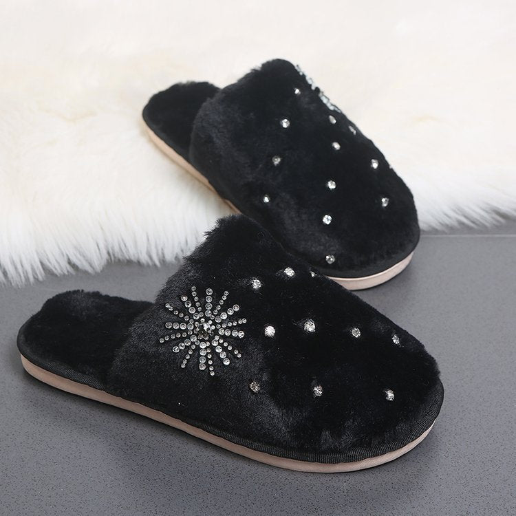 Cotton slippers home shoes 2024 new autumn winter flats baotou rhinestone plush shoes micro business export furry slippers