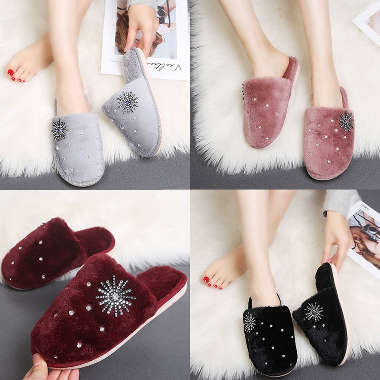 Cotton slippers home shoes 2024 new autumn winter flats baotou rhinestone plush shoes micro business export furry slippers