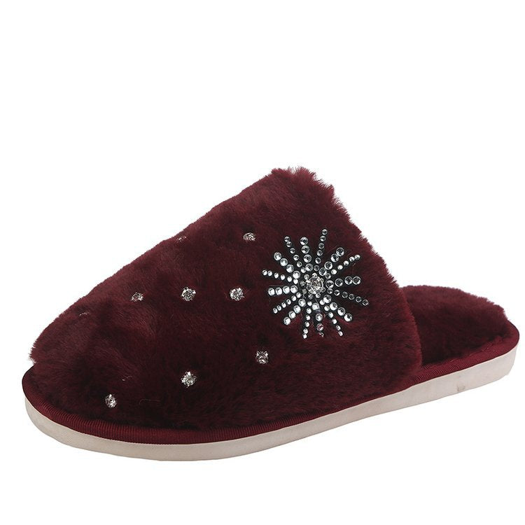 Cotton slippers home shoes 2024 new autumn winter flats baotou rhinestone plush shoes micro business export furry slippers