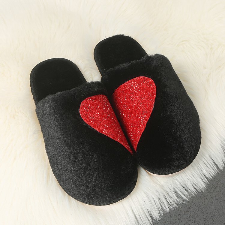 Rhinestone autumn/winter new cotton slippers women's couple heart minimalist slippers men's closed-toe warm cotton slippers - direct from manufacturer
