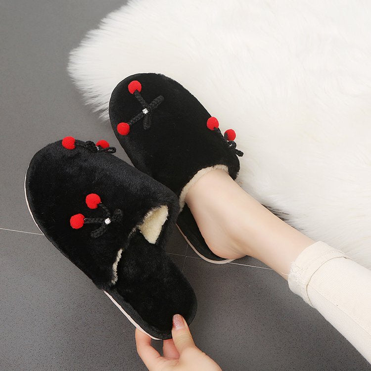 Fall and wintercasualnew arrivalcute cherry stuffed toe slippers for girls home flatsheattech toe slippers red shoes