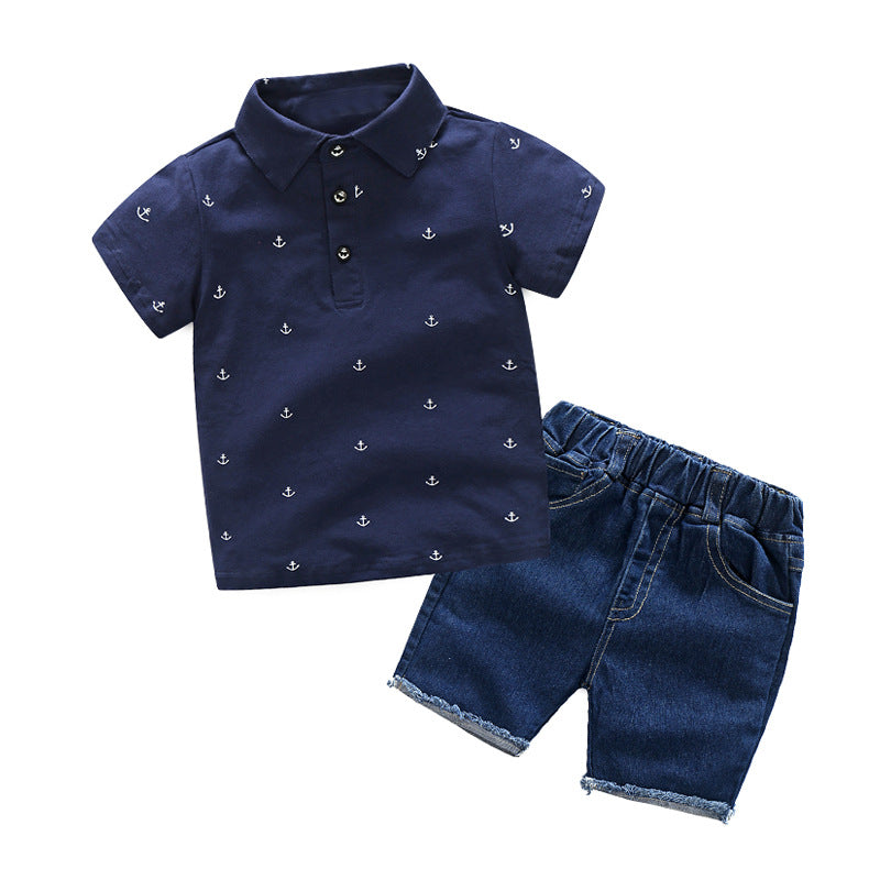 Wholesale new arrival: european & american style anchor print polo shirt & jeans set for boys - baby suit