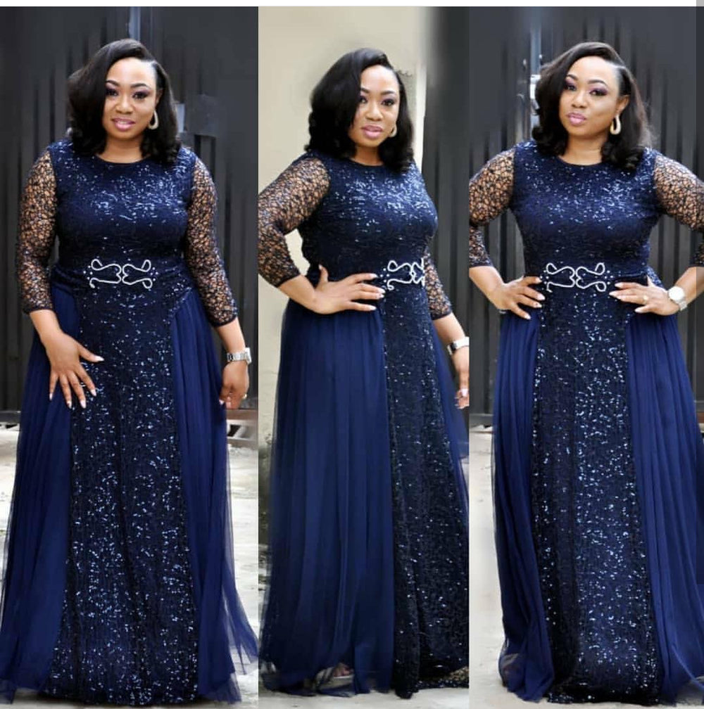 supply lace sequin round neck mid-sleeve everyday dress evening party maxi dress african hot-selling women's clothing