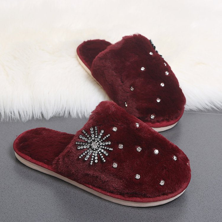 Cotton slippers home shoes 2024 new autumn winter flats baotou rhinestone plush shoes micro business export furry slippers
