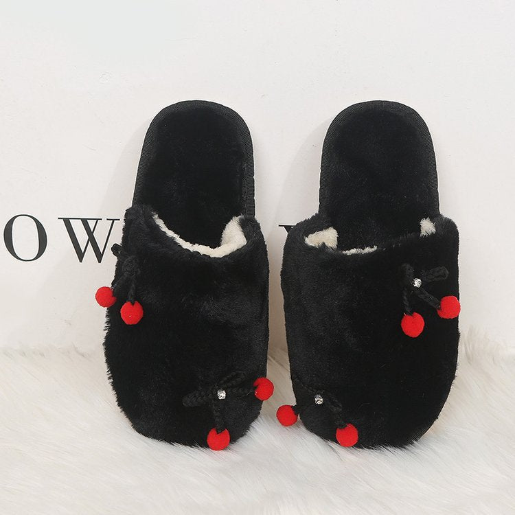 Fall and wintercasualnew arrivalcute cherry stuffed toe slippers for girls home flatsheattech toe slippers red shoes