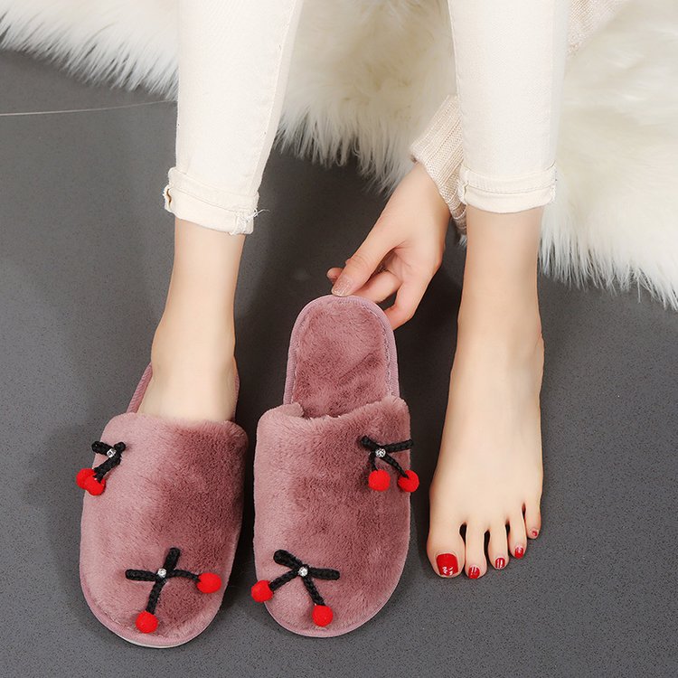 Fall and wintercasualnew arrivalcute cherry stuffed toe slippers for girls home flatsheattech toe slippers red shoes
