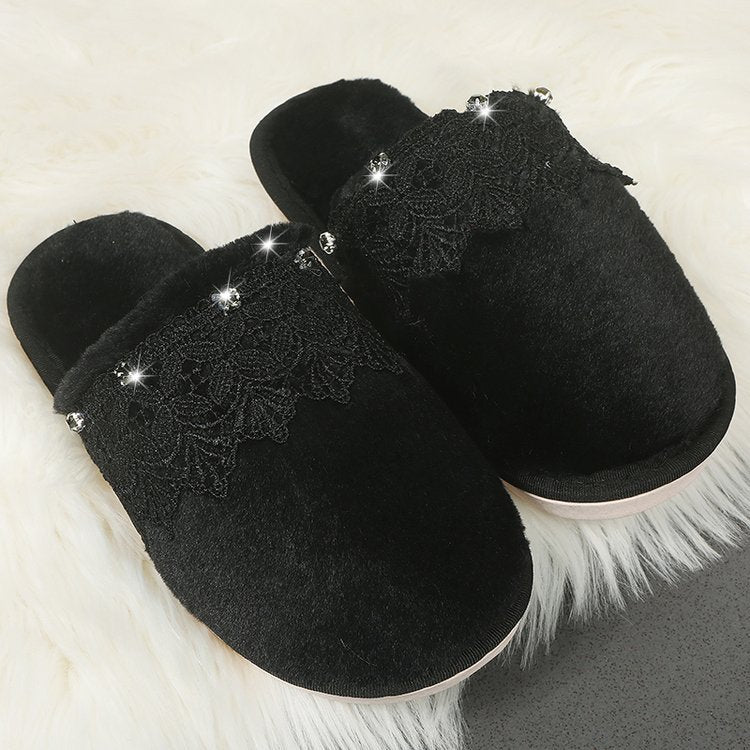 Autumn winter home baotou cotton slippers women's lace rhinestone stuffed home plus size men's parent-child indoor slippers wholesale