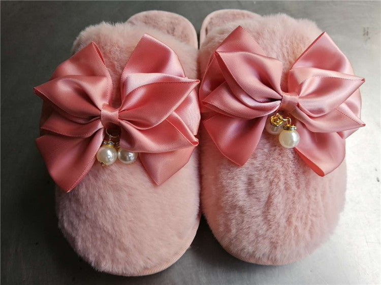 Autumn wintercouple cotton slippers women's indoor heattech toe-cap bows pearl home confinement wool slippers winter