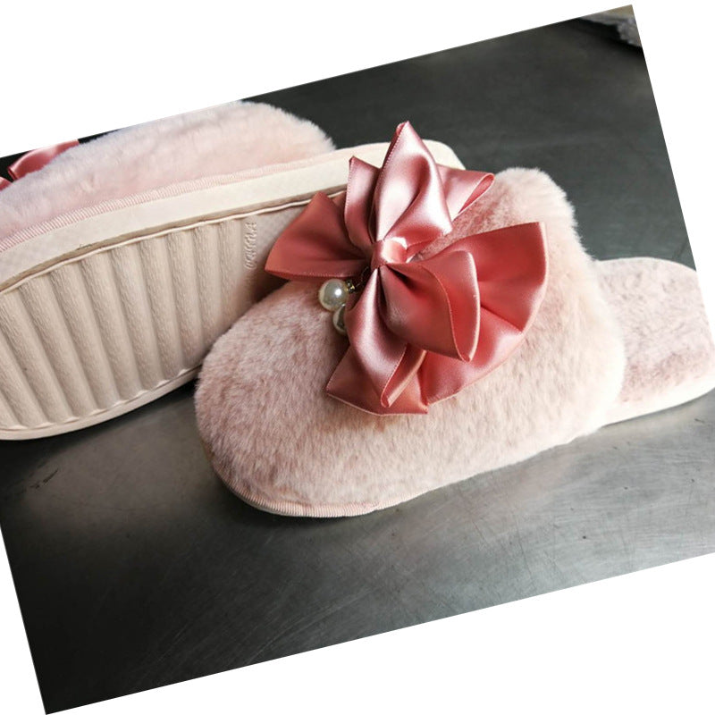 Autumn wintercouple cotton slippers women's indoor heattech toe-cap bows pearl home confinement wool slippers winter