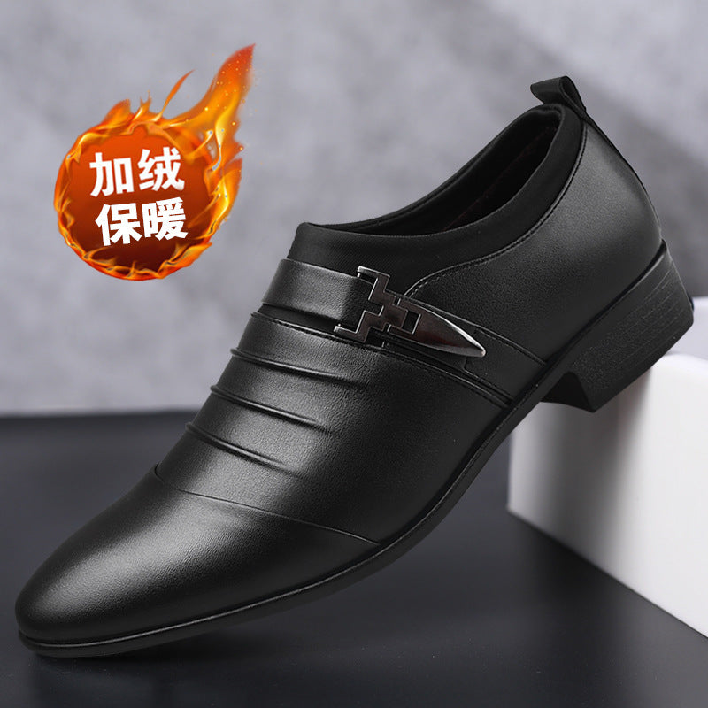 New men's casual slip-on business formal leather shoes - plus size, fleece-lined, dropshipping available