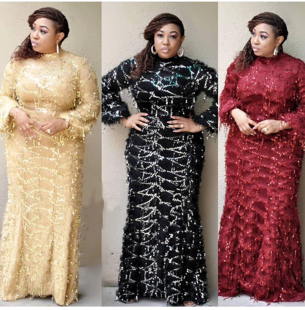 hot-selling tassel fringe sequin high-neck long-sleeve mini dress with a fishtail maxi skirt