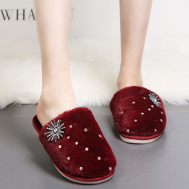 Cotton slippers home shoes 2024 new autumn winter flats baotou rhinestone plush shoes micro business export furry slippers
