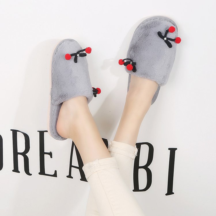 Fall and wintercasualnew arrivalcute cherry stuffed toe slippers for girls home flatsheattech toe slippers red shoes
