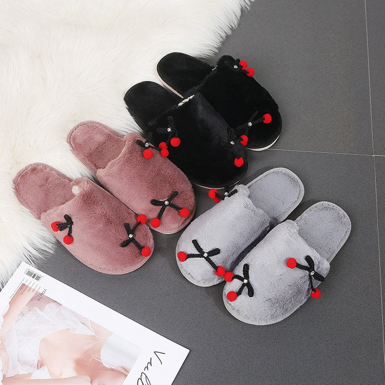 Fall and wintercasualnew arrivalcute cherry stuffed toe slippers for girls home flatsheattech toe slippers red shoes