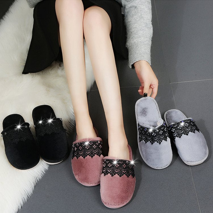 Autumn winter home baotou cotton slippers women's lace rhinestone stuffed home plus size men's parent-child indoor slippers wholesale