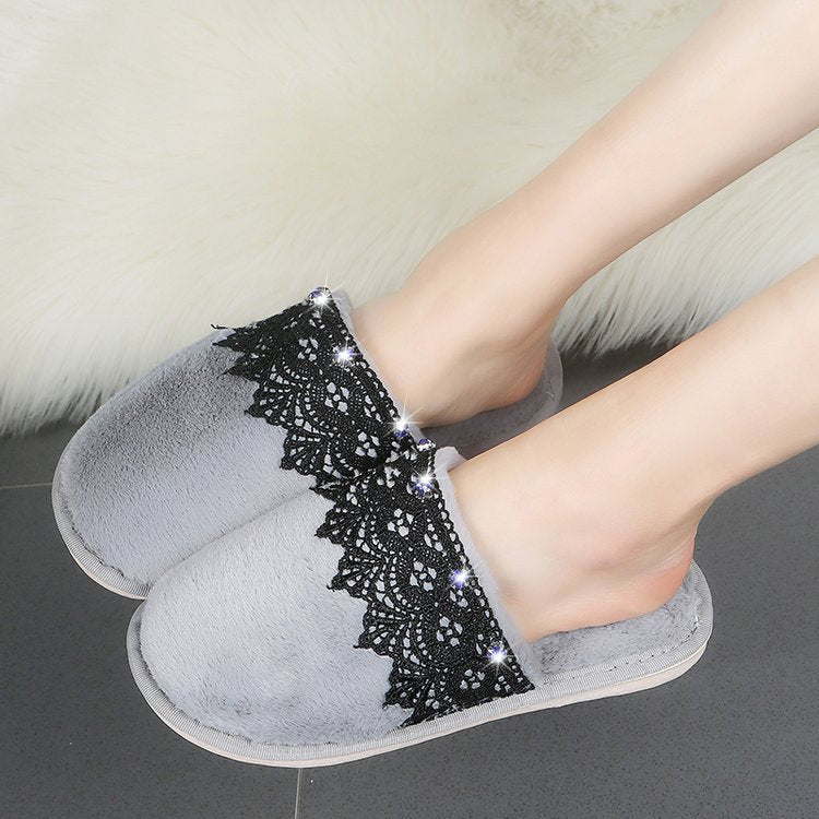 Autumn winter home baotou cotton slippers women's lace rhinestone stuffed home plus size men's parent-child indoor slippers wholesale