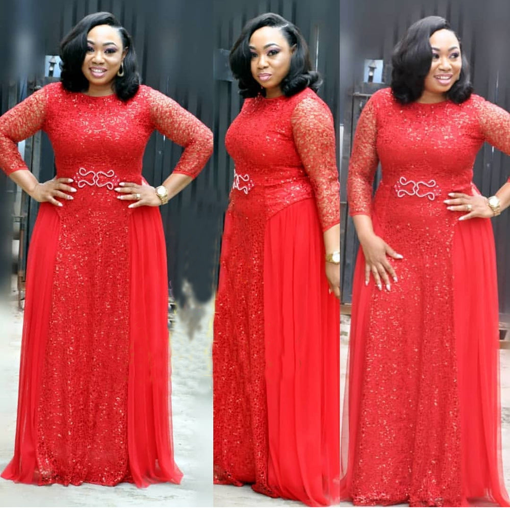 supply lace sequin round neck mid-sleeve everyday dress evening party maxi dress african hot-selling women's clothing