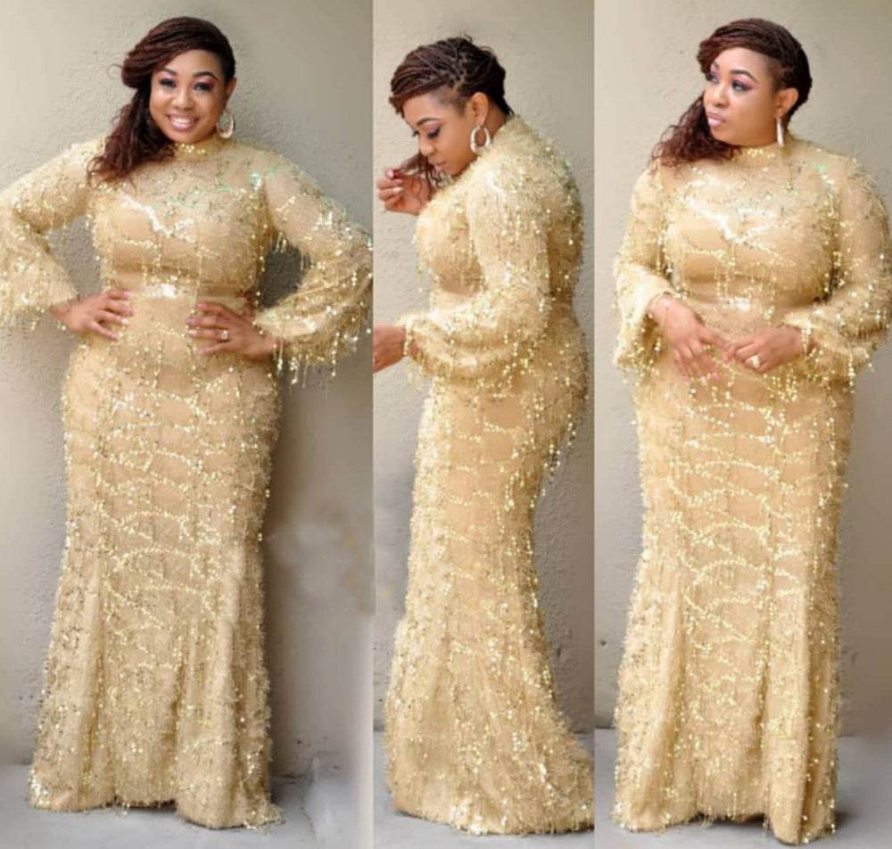 hot-selling tassel fringe sequin high-neck long-sleeve mini dress with a fishtail maxi skirt