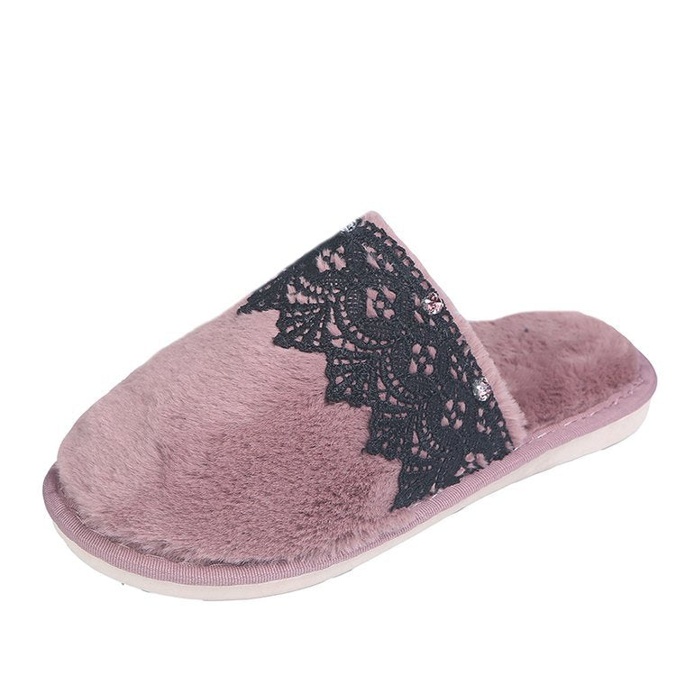 Autumn winter home baotou cotton slippers women's lace rhinestone stuffed home plus size men's parent-child indoor slippers wholesale