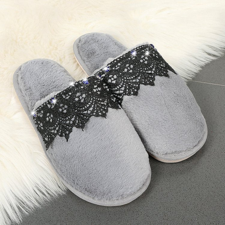 Autumn winter home baotou cotton slippers women's lace rhinestone stuffed home plus size men's parent-child indoor slippers wholesale