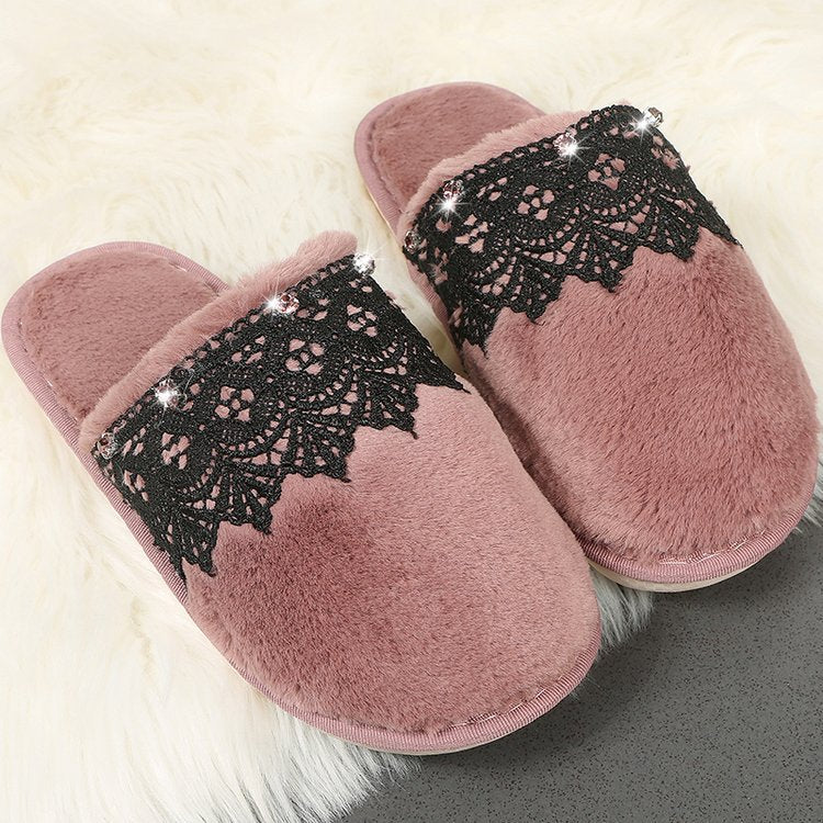 Autumn winter home baotou cotton slippers women's lace rhinestone stuffed home plus size men's parent-child indoor slippers wholesale