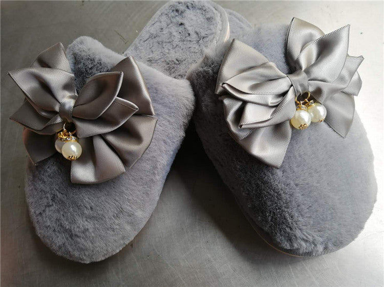 Autumn wintercouple cotton slippers women's indoor heattech toe-cap bows pearl home confinement wool slippers winter