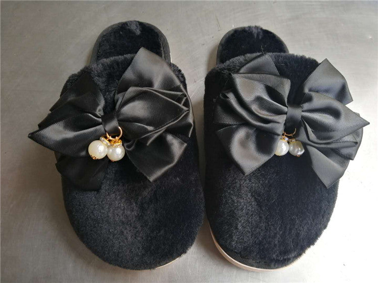 Autumn wintercouple cotton slippers women's indoor heattech toe-cap bows pearl home confinement wool slippers winter