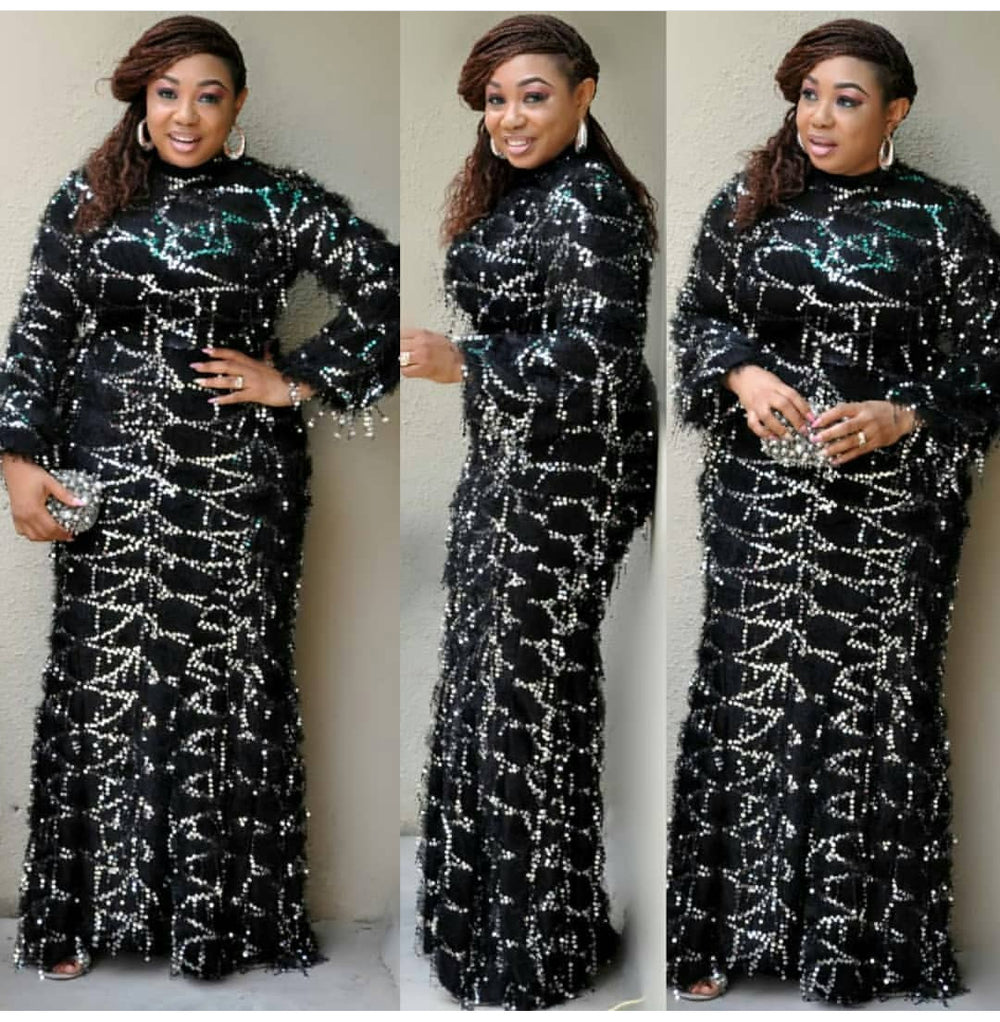 hot-selling tassel fringe sequin high-neck long-sleeve mini dress with a fishtail maxi skirt