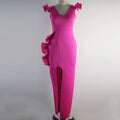 Plus size ruffle trim deep v sexy slit bodycon dress - women's clothing