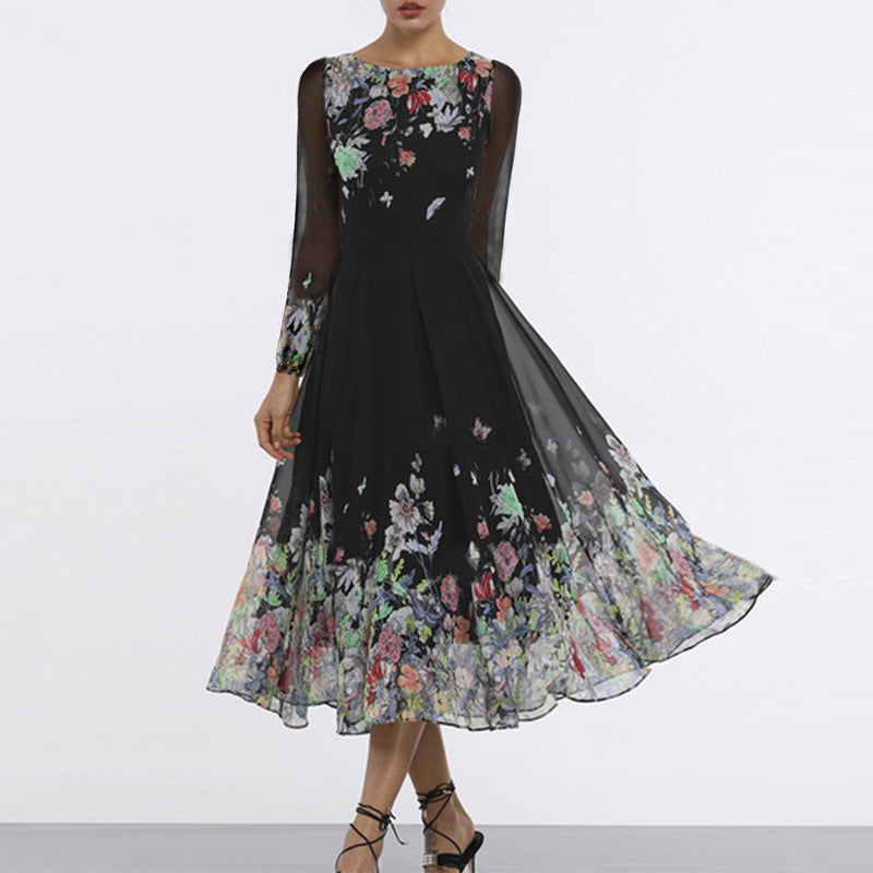 summer new arrivals: european and american style women's printed sexy hollow-out slim-fit long sleeve dress with lace and flared skirt