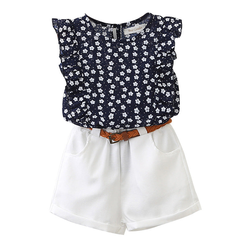 European and american style spring/summer new korean girl's floral sleeveless t-shirt and shorts refreshing outfit set (includes belt)