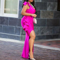 Plus size ruffle trim deep v sexy slit bodycon dress - women's clothing