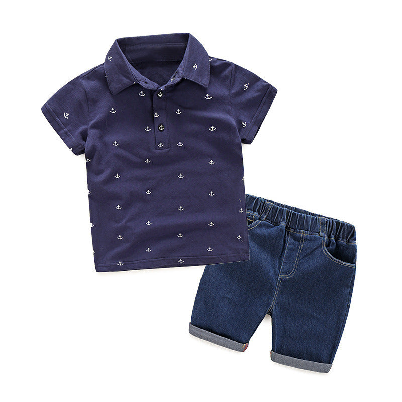 Wholesale new arrival: european & american style anchor print polo shirt & jeans set for boys - baby suit