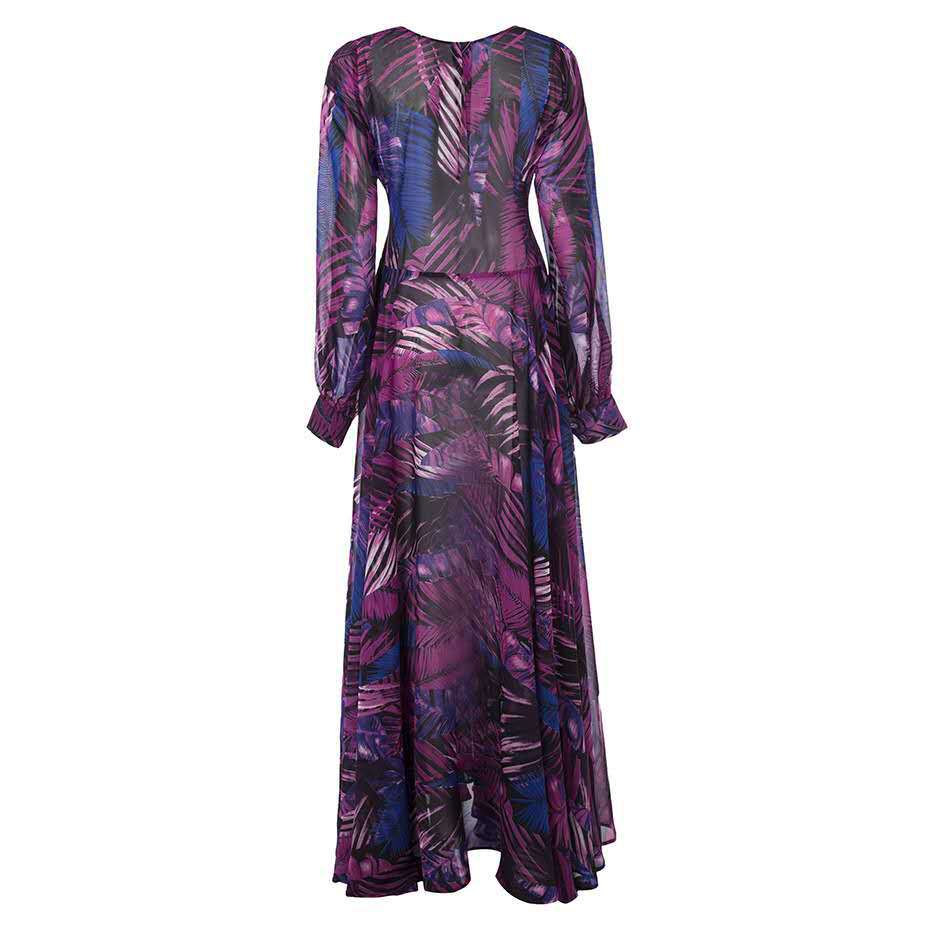 spring/summer new european and american style women's dress - v-neck, lantern sleeves, red leaf print, foreign trade maxi dress, flared skirt