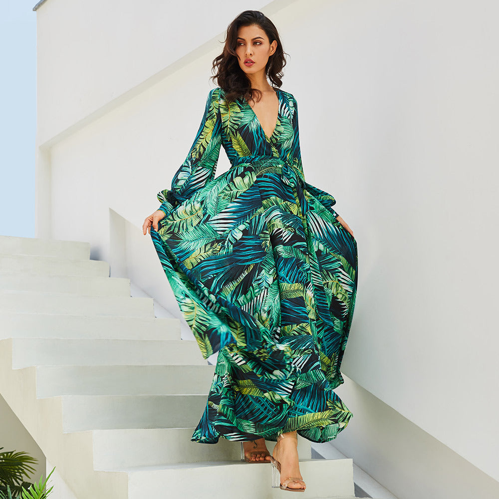 spring/summer new european and american style women's dress - v-neck, lantern sleeves, red leaf print, foreign trade maxi dress, flared skirt