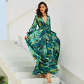 spring/summer new european and american style women's dress - v-neck, lantern sleeves, red leaf print, foreign trade maxi dress, flared skirt