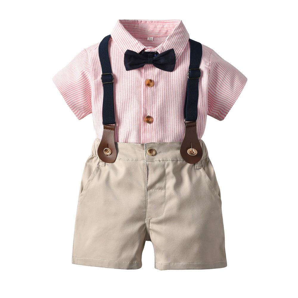 children's clothing set, korean style, boys' short-sleeved striped shirt, cotton overalls, performance outfit, gentleman's first birthday suit