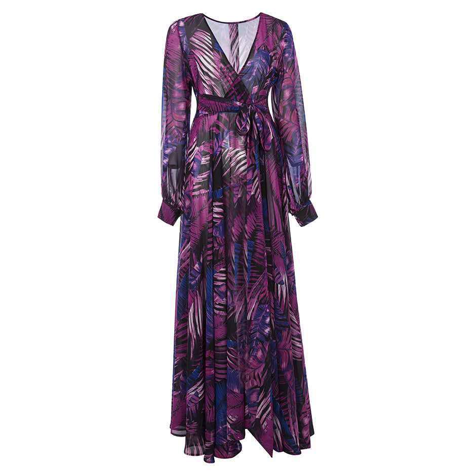 spring/summer new european and american style women's dress - v-neck, lantern sleeves, red leaf print, foreign trade maxi dress, flared skirt