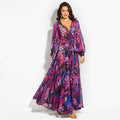 spring/summer new european and american style women's dress - v-neck, lantern sleeves, red leaf print, foreign trade maxi dress, flared skirt
